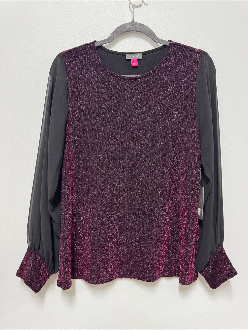 Vince Camuto Shimmery Purple Front with Black Chiffon Sleeves Long-Sleeve
